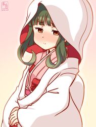  1girl alternate_costume artist_logo blush bob_cut brown_eyes commentary_request dated gradient_background green_hair japanese_clothes kanon_(kurogane_knights) kantai_collection kimono logo looking_at_viewer pink_background pink_kimono short_hair short_hair_with_long_locks smile solo takanami_(kancolle) uchikake 
