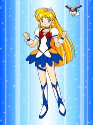  blonde_hair boots bow crossover dress earrings elner ginga_ojou-sama_densetsu_yuna green_eyes hair_ornament hairpin jewelry kagurazaka_yuna leg_garter long_hair magical_girl mascot payot precure ribbon smile star toono_ayaori wrist_cuffs 