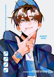  1boy baseball_cap brown_eyes brown_hair candy commentary cungie23 english_commentary food gwechul hat highres hood hooded_jacket jacket jewelry male_focus ring scar scar_on_hand scar_on_neck shirt short_hair simple_background smile solo swept_bangs upper_body watch white_background 