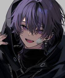  1boy :d bandaid bandaid_on_face black_jacket black_sweater chain chain_necklace commentary cross cross_earrings dot_nose ear_piercing earrings facial_mark hair_between_eyes highres hood hood_up jacket jewelry male_focus mark_under_eye necklace original piercing purple_hair rip2 simple_background smile solo spiked_ear_piercing star_(symbol) star_facial_mark sweater teeth turtleneck twitter_username untranslatable_commentary upper_teeth_only violet_eyes white_background 
