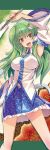  :d arm_up armpits breasts detached_sleeves frog genbou2 gohei green_eyes green_hair hair_ornament kochiya_sanae large_breasts long_hair midriff navel open_mouth smile snake solo tamon_ketsuyuki touhou 