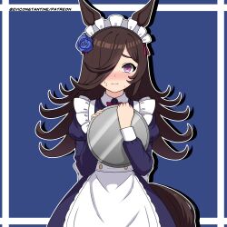  1girl absurdres animal_ears blush bow bowtie brown_hair commentary english_commentary eviconstantine flower hair_flower hair_ornament hair_over_one_eye highres holding holding_tray horse_ears horse_girl horse_tail long_hair looking_at_viewer maid maid_day maid_headdress outline patreon_username rice_shower_(umamusume) solo sweat tail tray umamusume white_outline 