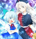  ascot blue_eyes blue_hair box cirno crossed_arms dress fairy grey_eyes hat long_hair machiko_(obeardo) matyinging multiple_girls nurse_cap ribbon short_hair silver_eyes silver_hair smile touhou white_hair wings yagokoro_eirin 