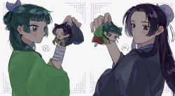  1boy 1girl bandaged_arm bandages blunt_bangs bun_cover chinese_clothes closed_mouth commentary_request curtained_hair from_behind green_hair highres holding_chibi jinshi_(kusuriya_no_hitorigoto) kusuriya_no_hitorigoto long_hair maomao_(kusuriya_no_hitorigoto) onisan611 purple_hair upper_body violet_eyes 