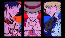  3boys ascot black_hair blonde_hair blue_shirt commentary_request hat highres korean_commentary kuni_929 looking_at_viewer male_focus monkey_d._luffy multiple_boys one_piece parted_lips portgas_d._ace red_shirt sabo_(one_piece) scar scar_on_cheek scar_on_face shirt short_hair straw_hat topless_male upper_body white_ascot 