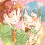  blue_hair blush cheek_pinch cheek_pinching lowres mahou_shoujo_madoka_magica miki_sayaka multiple_girls pinch pinching ponytail red_hair redhead sakura_kyouko smile suga_koharu 