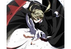  1girl black_coat blonde_hair coat gloves green_eyes highres holding holding_scythe jumping long_sleeves looking_at_viewer maka_albarn miko_heb perspective pillarboxed plaid_clothes plaid_skirt pleated_skirt red_skirt scythe skirt solo soul_eater twintails white_gloves 