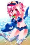  absurdres bikini_top blush breasts cleavage food hat highres imu_sanjo mouth_hold pink_eyes pink_hair popsicle shorts solo suika_bar swimsuit wet 