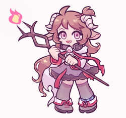  1girl animal_ears arknights brown_hair commentary_request curled_horns deer_ears dress eyjafjalla_(arknights) full_body grey_thighhighs highres holding holding_staff horns long_hair looking_at_viewer one-hour_drawing_challenge open_mouth pink_eyes sharktuna simple_background solo staff thigh-highs very_long_hair 