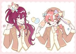  2boys :q animal_ears animal_hat border bow brown_hair brown_hat brown_jacket closed_mouth commentary cropped_torso ear_piercing easter easter_egg egg ensemble_stars! fake_animal_ears flower_symbol hair_between_eyes hand_on_own_ear hat heart highres jacket kuon_mashu licking_lips light_blush long_hair long_sleeves looking_at_viewer madoka_nozomi male_focus mini_hat mini_top_hat multicolored_hair multiple_boys one_eye_closed parted_lips piercing pink_border pink_bow pink_hair ponytail pulling_own_ear purple_bow purple_hair rabbit_ears rabbit_hat shirt short_hair smile tongue tongue_out top_hat two-tone_bow two-tone_hair untranslatable_commentary upper_body vest violet_eyes white_background white_shirt white_vest yellow_bow yellow_eyes yuzu_1122z 
