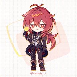  1boy alcohol arm_up belt black_belt black_boots black_coat black_fur black_gloves black_pants boots champagne champagne_flute chest_belt closed_mouth coat collared_shirt commentary_request cup diluc_(genshin_impact) dot_nose double-parted_bangs drinking_glass fur_trim genshin_impact gloves grid_background hair_between_eyes holding holding_cup jitome long_hair looking_at_viewer male_focus nasioisi_i open_clothes open_coat pants ponytail red_eyes red_hair shirt sleeve_cuffs smile solo standing twitter_username wing_collar 