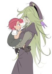  2girls age_difference ahoge black_overalls cookie_run cookie_run:_witch's_castle dress from_side gloves green_hair green_headscarf hat headscarf highres long_hair looking_at_another multiple_girls ohta_guk_hip open_mouth overalls radish_cookie red_hair rosemary_cookie sharp_teeth short_hair siblings simple_background sisters teeth untied_shoelaces 