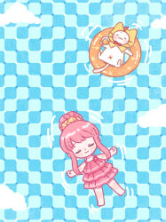  ahoge animal artist_request bare_arms bare_legs bare_shoulders barefoot blush_stickers bow bowtie brooch cat checkered_floor chinese_commentary cloak closed_eyes clothed_animal clouds commentary_request cup dot_nose dress drink drinking_glass drinking_straw ear_covers floating floating_on_back flower flower_brooch frilled_dress frills from_above hair_ornament hair_scrunchie happy highres holding holding_drink hood hood_up hooded_cloak innertube jewelry juice lying_on_water momo_(nikki) nikki_(nikki) nikki_(series) official_art orange_juice outstretched_arm pink_dress pink_flower pink_hair pool red_bow red_bowtie ripples scrunchie second-party_source shining_nikki short_dress short_hair_with_long_locks sidelocks sundress swim_ring traditional_bowtie updo whiskers white_cat x_navel yellow_cloak yellow_scrunchie 