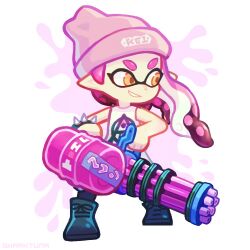  1girl beanie bracelet commentary english_commentary full_body hat heavy_splatling_(splatoon) inkling inkling_(language) inkling_girl inkling_player_character jewelry long_hair looking_to_the_side pink_hair pointy_ears sharktuna shirt solo spiked_bracelet spikes splatoon_(series) tentacle_hair white_background white_shirt 