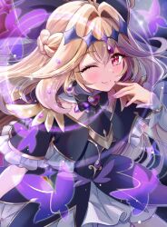  1girl antenna_hair black_capelet black_dress blonde_hair blush bow bracelet breasts brooch capelet commentary cure_arcana_shadow detached_collar diamond_hairband dress earrings forehead_jewel hair_bow hair_intakes izumi_akane jewelry long_hair looking_at_viewer magical_girl meitantei_precure! moria_luluka one_eye_closed precure small_breasts smile solo violet_eyes wrist_cuffs 