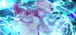  1girl alternate_costume artist_request bow bowtie breasts closed_mouth crescent dress expressionless frilled_dress frills game_asset hair_bow hat long_hair long_sleeves magic_circle non-web_source official_art patchouli_knowledge purple_hair red_bow red_bowtie self-datamine solo tabard touhou touhou_gensou_eclipse very_long_hair violet_eyes white_dress white_hat white_tabard 