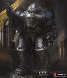  ambiguous_gender ammunition_belt armor english_commentary full_body gun hammk helmet holding holding_gun holding_weapon machine_gun original ornate_armor patreon_logo patreon_username power_armor science_fiction solo weapon 