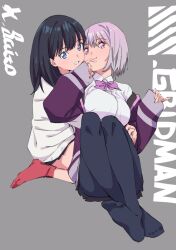  2girls arms_around_another's_waist black_hair black_pantyhose black_skirt blue_eyes blush boots bow breasts cardigan collared_shirt commentary_request copyright_name english_text grey_background gridman_universe hair_between_eyes hug jacket large_breasts long_hair long_sleeves looking_at_viewer multiple_girls off_shoulder official_art open_clothes open_jacket pantyhose pink_bow pink_eyes purple_hair purple_jacket red_boots ribbon saitou_kengo school_uniform shinjou_akane shirt short_hair simple_background skirt sleeves_past_wrists socks ssss.gridman straight_hair takarada_rikka white_cardigan white_shirt wide_sleeves 
