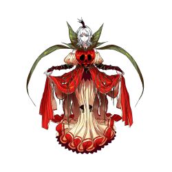  1girl apple_print black_crown commentary_request crown dress e.g.o_(project_moon) faust_(project_moon) food_print fruit_print full_body green_stem_(e.g.o) highres layered_dress leaf library_of_ruina limbus_company plant project_moon red_dress short_hair simple_background solo vines wei_qie_zaisheng white_background white_hair 