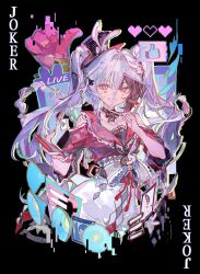  2girls absurdres bare_shoulders black_choker black_hair black_sash braid card choker clothing_cutout cocoballking collar grin hat hat_ornament heart heart_emoji highres holding holding_phone honkai:_star_rail honkai_(series) joker_(playing_card) long_hair looking_at_viewer megaphone mini_hat multiple_girls open_mouth phone pink_eyes playing_card poker rabbit_hat_ornament red_collar red_sleeves sash shoulder_cutout skirt smile sparkle_(honkai:_star_rail) sparxie_(honkai:_star_rail) speech_bubble thumbs_up_emoji twintails upper_body white_hair white_skirt 