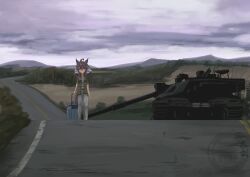  1girl ace_combat ace_combat_6 ahoge alternate_costume animal_ears black_hair blue_eyes blush casual closed_mouth daring_tact_(umamusume) hair_ornament highres highway horse_ears horse_tail long_hair military_vehicle motor_vehicle pants rascal-teitoku scene_reference scenery sky star_(symbol) star_hair_ornament tail tank umamusume watermark 