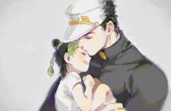 1boy 1girl black_hair black_shirt braid closed_eyes cone_hair_bun father_and_child father_and_daughter green_hair hair_bun holding io_(sinking=carousel) jojo_no_kimyou_na_bouken kiss kissing_forehead kujo_jolyne kujo_jotaro multicolored_hair parent_and_child shirt short_hair simple_background stone_ocean tagme two-tone_hair white_shirt 