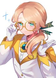 1boy adjusting_eyewear androgynous aqua_eyes blonde_hair blue_gem blush bow brooch buttons closed_mouth collared_shirt commentary_request cookie_run cookie_run:_ovenbreak earl_grey_cookie eyes_visible_through_hair from_above gem glasses gloves gold_buttons green_bow hair_bow hands_up highres humanization inverted_eyelashes jacket jewelry low_ponytail male_focus medium_hair mx_pyuta1 parted_bangs ponytail round_eyewear shirt simple_background smile solo sparkle trap upper_body white_background white_gloves white_jacket white_shirt yellow-framed_eyewear yellow_trim 