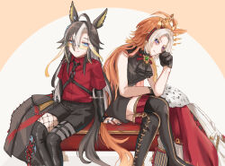 animal_ears ascot blue_eyes boots brooch cape collared_shirt colored_inner_animal_ears commentary dream_journey_(reminder_of_dreamland)_(umamusume) dream_journey_(umamusume) ear_ornament fishnets fur-trimmed_cape fur_trim gem glasses gloves green_gem grey_hair highres horse_ears horse_girl horse_tail jewelry leather_body_harness leather_strap multicolored_hair multiple_rings nail_polish orange_hair orfevre_(control)_(umamusume) orfevre_(umamusume) ottoman_(furniture) red_shirt ring semi-rimless_eyewear shirt shorts sitting skirt sleeveless songdu streaked_hair tail thigh_boots tinted_eyewear umamusume white_hair white_streaks yellow-tinted_eyewear 