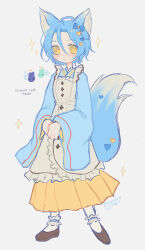  1boy ahoge animal_ears apron ayase_mayoi blue_bow blue_hair blue_kimono blush bow braid brown_shoes character_name commentary crossdressing crossdressing_(mtf) ensemble_stars! fox_boy fox_ears fox_tail frilled_anklet full_body grey_apron grey_background hair_between_eyes hair_ornament hakama hakama_skirt heart heart_hair_ornament highres japanese_clothes kazehaya_tatsumi kemonomimi_mode kimono long_sleeves looking_at_viewer maid male_focus male_maid minnieeeworld own_hands_together parted_lips rabbit_symbol shoes short_hair short_kimono sign simple_background skirt socks solo sparkle standing tail tojo_kaname untranslatable_commentary wa_maid white_socks yellow_eyes yellow_hakama 