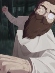 1boy beard brown_eyes brown_hair commentary_request denken_(sousou_no_frieren) facial_hair full_beard highres mature_male monocle mustache old old_man punching sousou_no_frieren upper_body yamada_kotaro77 