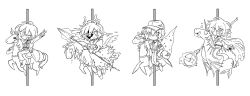  4girls 4th_match_flame_(e.g.o) arm_up baseball_cap carousel closed_mouth commentary_request don_quixote_(project_moon) e.g.o_(project_moon) fins fish fluid_sac_(e.g.o) greyscale hat head_fins highres holding holding_polearm holding_weapon limbus_company looking_at_viewer monochrome multiple_girls multiple_persona polearm project_moon seahorse short_hair sidelocks simple_background v w_corp._(identity)_(project_moon) weapon wei_qie_zaisheng 