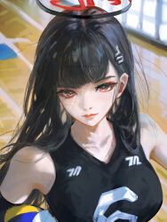  1girl absurdres alternate_costume artist_name ball black_hair black_shirt blue_archive closed_mouth commentary expressionless hair_ornament halo highres indoors karachiiy long_hair looking_at_viewer millennium_science_school_logo multicolored_halo parted_bangs pink_lips red_eyes rio_(blue_archive) shirt sleeveless sleeveless_shirt solo sportswear straight_hair two-tone_halo untranslatable_commentary upper_body volleyball_(object) volleyball_uniform 