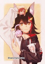  >_< 4girls ahoge animal_ear_fluff animal_ears arm_up black_choker black_hair black_hoodie blue_neckerchief bone_hair_ornament border braid brown_hair cat_ears cat_girl cat_tail chibi choker closed_eyes closed_mouth dog_ears dog_girl fox_ears fox_girl fox_tail hair_between_eyes hair_ornament hairclip hand_up highres hololive hololive_gamers hood hoodie inugami_korone inugami_korone_(1st_costume) jacket long_hair long_sleeves looking_at_viewer mini_person minigirl multicolored_hair multiple_girls neckerchief nekomata_okayu nekomata_okayu_(1st_costume) official_alternate_costume ookami_mio ookami_mio_(hoodie) outside_border pink_hair red_hair shirakami_fubuki shirakami_fubuki_(1st_costume) sidelocks simple_background smile streaked_hair tail twin_braids two-tone_hoodie upper_body virtual_youtuber white_border white_hair white_hoodie wolf_ears wolf_girl yellow_background yellow_eyes yellow_jacket zenchanosuke 