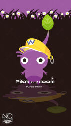  colored_skin commentary flower full_body hat highres leaf meme_(sleepsheep) no_humans no_mouth pikmin_(creature) pikmin_(series) pikmin_bloom purple_pikmin purple_skin standing wario wario_land yellow_hat 