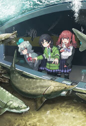  3girls absurdres aquarium black_hair black_jacket black_ribbon black_skirt bow bowtie braid bug butterfly caustics cevio commentary_request double_bun dress_shirt green_eyes green_jacket green_necktie grey_hair grey_sweater hair_bun hair_ribbon hanakuma_chifuyu highres hiroya_(hirogaya_02) jacket koharu_rikka leaning_forward looking_at_another multiple_girls natsuki_karin necktie open_mouth parted_lips pink_bow pink_bowtie purple_bow purple_bowtie red_eyes revision ribbon school_uniform shirt short_hair skirt sturgeon_(fish) sweater synthesizer_v tropical_fish twin_braids twintails white_shirt window 