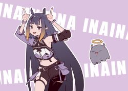  1girl :d absurdly_long_hair asymmetrical_legwear bracelet commentary cowboy_shot detached_sleeves fang highres hololive hololive_english hololive_idol_uniform_(color_rise) horns_pose index_finger_raised jewelry long_hair long_sleeves looking_at_viewer mendako_(wjkgreat) mole mole_under_eye ninomae_ina'nis official_alternate_costume pointy_ears purple_background purple_hair single_detached_sleeve single_sleeve smile solo stomach takodachi_(ninomae_ina'nis) tentacle_hair uneven_legwear untranslatable_commentary very_long_hair violet_eyes virtual_youtuber 