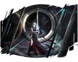  1girl aircraft airplane artist_request black_boots black_dress blue_eyes boots bracer contrail dress energy_sword fighter_jet full_body grey_hair highres hip_armor holding holding_sword holding_weapon long_hair looking_at_viewer military_vehicle official_alternate_costume official_art path_to_nowhere pelvic_curtain red_dress rise_(path_to_nowhere) star_(sky) sword two-tone_dress weapon 