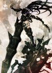  armor belt beltskirt black_hair black_rock_shooter boots chain fangs gauntlets glowing glowing_eyes greaves gun highres huge_weapon huke insane_black_rock_shooter midriff navel pale_skin purple_eyes scar shorts solo stitches sword thigh_boots thighhighs twintails weapon 