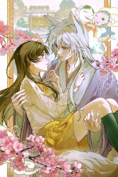  2boys 2girls absurdres animal_ear_fluff animal_ears artist_name black_socks blue_butterfly blue_sash bow bowtie branch brown_eyes brown_hair bug butterfly carrying carrying_person cherry_blossoms collared_shirt commentary english_commentary eye_contact fingernails fox_boy fox_ears glowing_butterfly grey_kimono hair_between_eyes hand_on_another's_chest hand_up haori hetero highres holding_hands japanese_clothes kamisama_hajimemashita kimono kneehighs ko-omote_mask kotetsu_(kamisama_hajimemashita) long_fingernails long_hair long_sleeves looking_at_another mask momozono_nanami multiple_boys multiple_girls noh_mask obi onikiri_(kamisama_hajimemashita) oretsuu parted_lips pleated_skirt princess_carry purple_haori sash school_uniform shirt shirt_tucked_in short_kimono skirt socks tomoe_(kamisama_hajimemashita) torii violet_eyes white_hair white_kimono white_shirt wide_sleeves yellow_bow yellow_bowtie yellow_skirt 