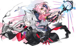  2girls :o animal animal_ears arknights black_cape black_coat black_gloves black_jacket blue_eyes cape cat_ears coat commentary_request cropped_torso gloves goldenglow_(arknights) grey_hair highres holding holding_staff jacket lappland_(arknights) lappland_the_decadenza_(arknights) lightning_bolt_print long_hair long_sleeves looking_at_viewer multicolored_gloves multiple_girls one_eye_closed open_clothes open_jacket open_mouth pink_hair pink_jacket red_cape red_gloves scar scar_across_eye scar_on_face sharp_teeth shirt short_hair simple_background smile staff teeth two-sided_cape two-sided_fabric two-tone_gloves weapon_connection white_background white_shirt wolf_ears yakota_(usuk-yako) yellow_eyes 
