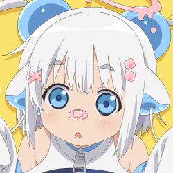  1girl :o bandaid bandaid_on_face bandaid_on_nose bk_(barakoodra) blue_eyes cable detached_sleeves dot_nose hair_bobbles hair_ornament halo highres looking_at_viewer open_mouth original robot_ears sidelocks solo square_hair_ornament two_side_up white_hair x_hair_ornament 