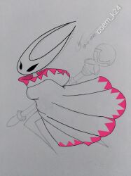  1girl absurdres arthropod_girl black_eyes black_sclera blank_eyes cloak coem_k24 colored_sclera cosplay creative_signature exoskeleton final_fantasy final_fantasy_ix from_side garnet_til_alexandros_xvii graphite_(medium) highres holding holding_staff hollow_knight hollow_knight:_silksong hood hooded_cloak hornet_(hollow_knight) horns lineart mage_staff mask mixed_media photo_(medium) red_cloak running signature sketch staff traditional_media twitter_username two-tone_cloak variant_set white_background white_cloak white_mage_(final_fantasy) white_mage_(final_fantasy)_(cosplay) 