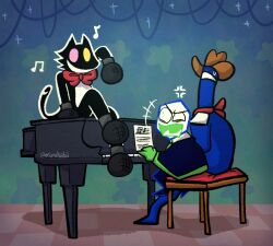  +++ 1other 2boys anger_vein angry anime_coloring artist_name bags_under_eyes bandana beamed_eighth_notes black_poncho bow bowtie brown_hat cable cat_mike_(deltarune) commentary cowboy_hat cowboy_hat_mike deltarune eighth_note english_commentary film_grain foot_dangle from_side gloves green_eyes green_gloves green_necktie green_pippins green_trim hand_up happy hat heterochromia instrument looking_at_another looking_up microphone mimikabii multiple_boys music musical_note necktie no_mouth no_pupils on_stool open_mouth piano pink_eyes pippins_(deltarune) playing_instrument playing_piano red_bandana red_bow red_bowtie shadow shadowguy_(deltarune) sheet_music shirt short_male side-by-side sitting sitting_on_piano smile solid_eyes sparkle star_(symbol) stool sweatdrop tail tail_mouth tv_world_(deltarune) uneven_eyes utdr_(toby_fox) white_shirt wooden_stool yellow_eyes zapper_(deltarune) 