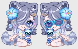  1girl 3am animal animal_ears bikini blue_bikini blue_eyes blue_flower blue_hair blue_shirt blue_tail breasts chibi eye_mask flower hair_flower hair_ornament hair_over_one_eye hibiscus holding holding_animal looking_at_viewer mask raccoon raccoon_ears raccoon_girl raccoon_tail sandals shirt short_sleeves sitting snuffy_(swimsuit)_(vtuber) snuffy_(vtuber) star_(symbol) star_hair_ornament sunglasses swimsuit tail twintails two-tone_shirt uguubear virtual_youtuber white_shirt wraicoon_(snuffy_(vtuber)) 