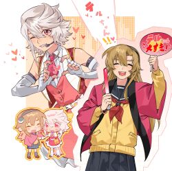  absurdres alternate_costume bare_shoulders black_headband black_sailor_collar black_skirt blonde_hair blush cardigan closed_eyes collared_shirt elbow_gloves fingerless_gloves gloves glowstick headband heart heart_hands highres holding holding_glowstick jacket jiguang_haibao koishikawa_iko looking_at_viewer neckerchief one_eye_closed open_clothes open_jacket open_mouth pleated_skirt red_eyes red_jacket red_neckerchief red_vest sailor_collar scar scar_across_eyebrow scar_on_face school_uniform shirt shy_(character) shy_(series) skirt sweatdrop tearing_up teeth tongue translation_request vest white_hair white_shirt yellow_cardigan yuri 