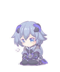  1girl armored_bodysuit black_bodysuit black_hair blue_eyes bodysuit chibi closed_mouth commentary_request fu_hua fu_hua_(shadow_knight) full_body honkai_(series) honkai_impact_3rd long_hair mon_momu ponytail seiza shadow simple_background sitting solo white_background 