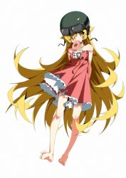  1girl arms_behind_back bakemonogatari barefoot blonde_hair doughnut dress food food_in_mouth hair_over_one_eye helmet highres long_hair miko_heb monogatari_(series) one_eye_covered oshino_shinobu pink_dress pointy_ears solo very_long_hair yellow_eyes 