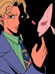  1boy blonde_hair cfb_s1 diamond_wa_kudakenai formal_clothes highres jojo_no_kimyou_na_bouken killer_queen kira_yoshikage male_focus necktie pinstripe_pattern pinstripe_shirt purple_suit shirt stand_(jojo) suit 