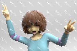  1other 2015 3d ambiguous_gender arms_up black_shoes blue_shirt blue_shorts brown_hair child close-up commentary digital_media double_v english_commentary frisk_(undertale) grey_background horizontal-striped_clothes human keyshot_(medium) long_sleeves open_mouth other_focus pink_stripes portrait shirt shoes short_hair shorts simple_background sneakers socks solo standing striped_clothes striped_shirt striped_sleeves too_many_watermarks triple_horizontal_stripe two-tone_shirt undertale utdr_(toby_fox) v vgdcmario watermark white_socks 