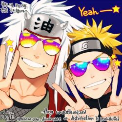  2boys blonde_hair commentary_request deogbab facial_mark forehead_protector green_haori haori japanese_clothes jiraiya_(naruto) konohagakure_symbol korean_commentary male_focus multiple_boys naruto_(series) naruto_shippuuden smile sunglasses teacher_and_student uzumaki_naruto whisker_markings white_hair 